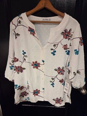 Ana & Rose Women's Boho Blouse With Intricate Embroidery Size L White Floral